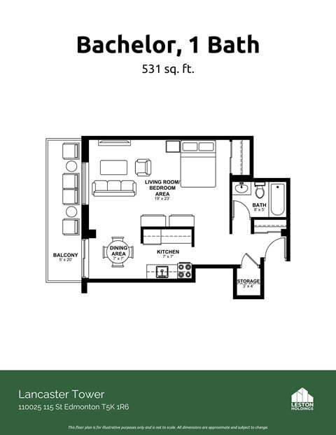 Floor plan for studio, 1 bath, 600 sqft